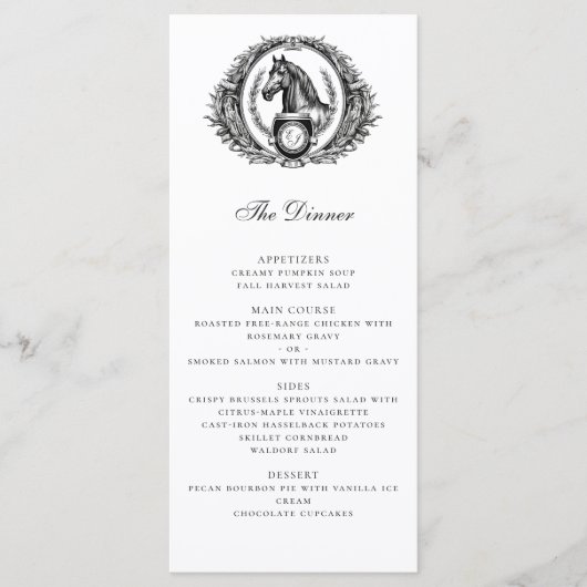 Elegant Paardenpaard Monogram Crest Bruiloft Menu (Voorkant)