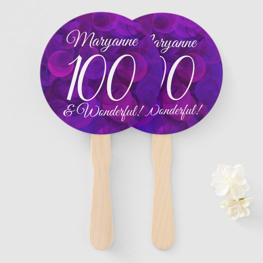 Elegant Paars 100 en geweldige Birthday Party Handwaaier (Voorkant en achterkant)