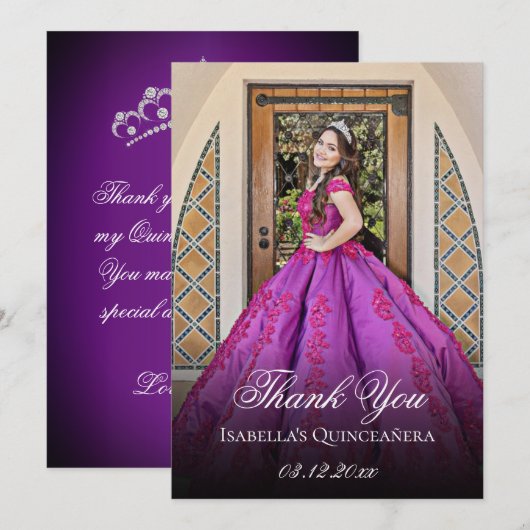 Elegant Paars 15e verjaardag Quinceanera Bedankkaart (Voorkant / Achterkant)