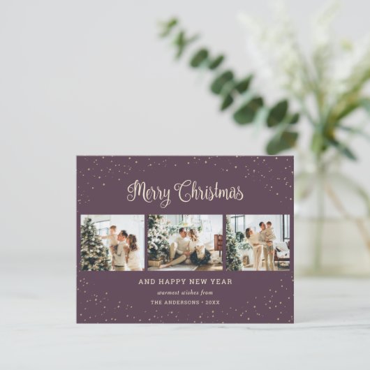 Elegant Paars 3-fotografie met kerstkaarten Feestdagenkaart (Staand voorkant)