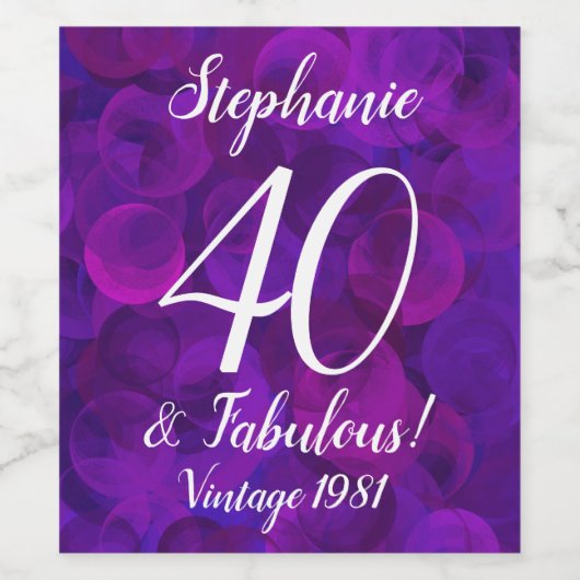 Elegant Paars 40 en Fabulous Year Specialized Wijn Etiket (Enkel label)