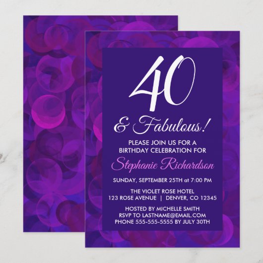 Elegant Paars 40 & Fabulous Birthday Party Kaart (Voorkant / Achterkant)