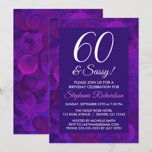 Elegant Paars 60 en Sassy Birthday Party Kaart (Voorkant / Achterkant)