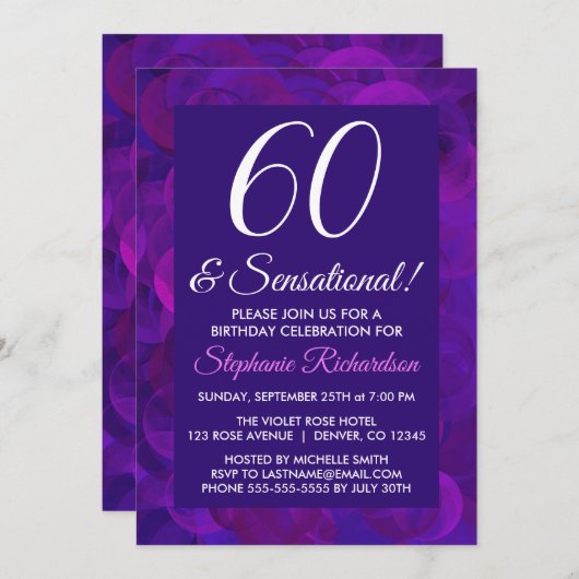 Elegant Paars 60 en Sensational Birthday Party Kaart (Voorkant / Achterkant)