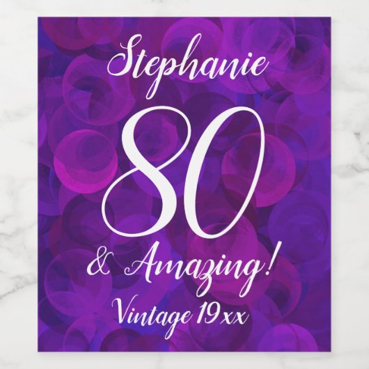 Elegant Paars 80 en de Amazing Birthday personalis Wijn Etiket (Enkel label)