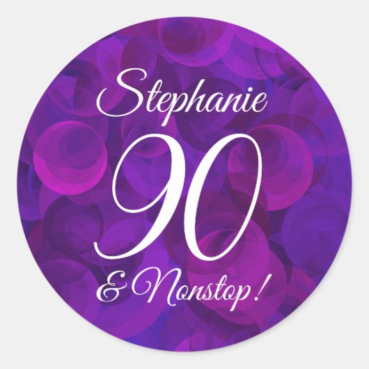 Elegant Paars 90 en Nonstop Birthday Favor Ronde Sticker (Voorkant)