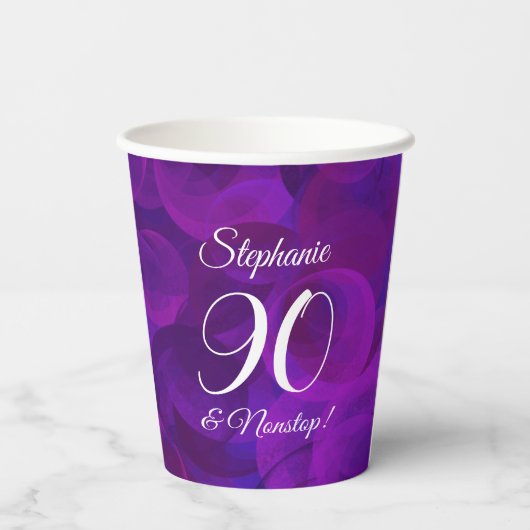 Elegant Paars 90 en Nonstop Birthday Party Papieren Bekers (Achterkant)