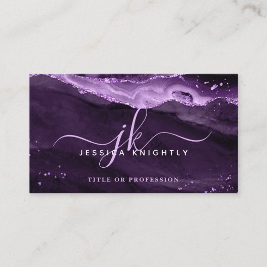 Elegant Paars Agate Glitter Script Monogram Visitekaartje (Voorkant)