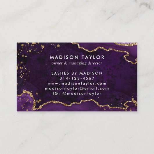 Elegant Paars Agate Gold Glitter Script Monogram Visitekaartje (Achterkant)