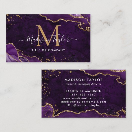 Elegant Paars Agate Gold Glitter Script Monogram Visitekaartje (Voorkant / Achterkant)
