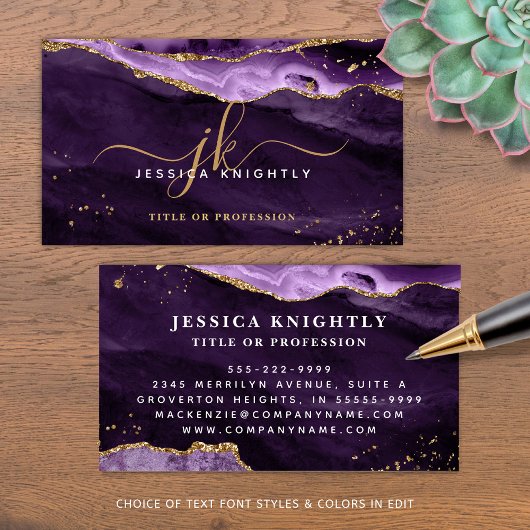 Elegant Paars Agate Gold Glitter Script Monogram Visitekaartje
