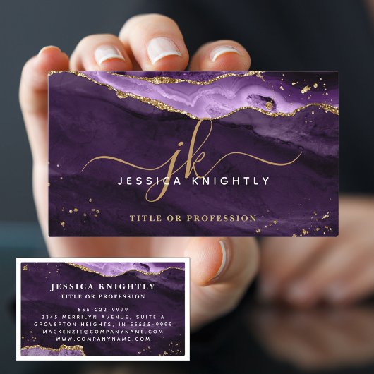 Elegant Paars Agate Gold Glitter Script Monogram Visitekaartje