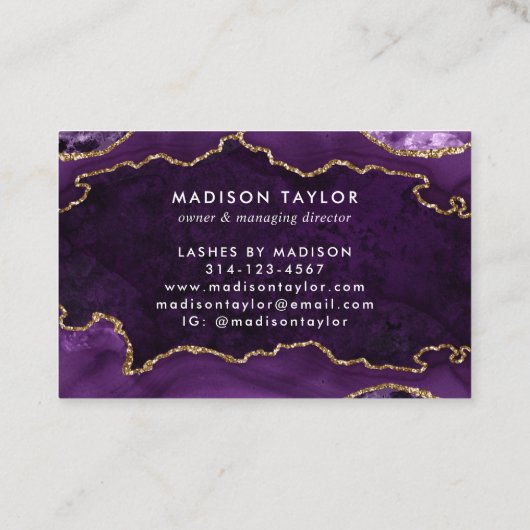 Elegant Paars Agate Gold Glitter Script Monogram Visitekaartje (Achterkant)