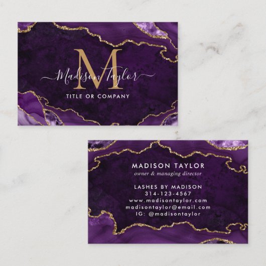Elegant Paars Agate Gold Glitter Script Monogram Visitekaartje (Voorkant / Achterkant)