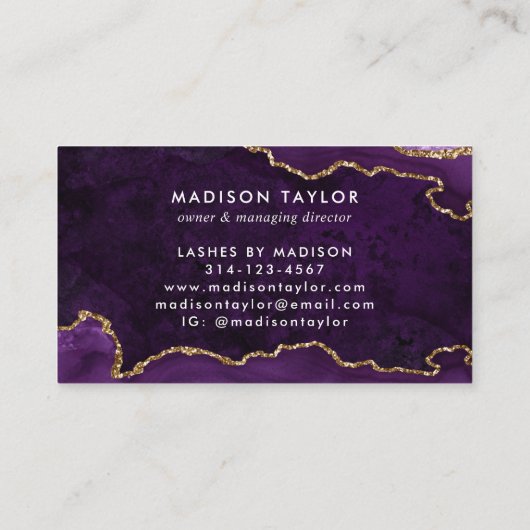 Elegant Paars Agate Gold Glitter Script Monogram Visitekaartje (Achterkant)