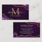 Elegant Paars Agate Gold Glitter Script Monogram Visitekaartje (Voorkant / Achterkant)