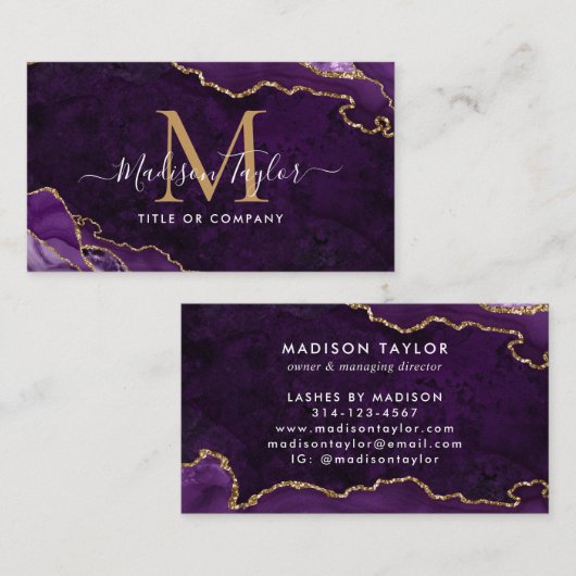 Elegant Paars Agate Gold Glitter Script Monogram Visitekaartje (Voorkant / Achterkant)