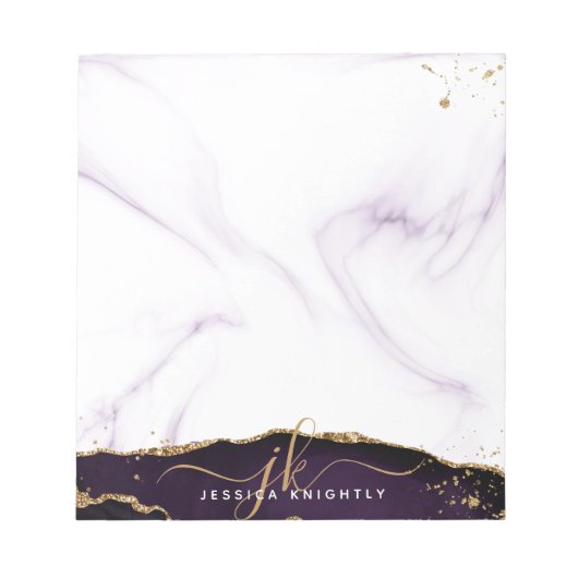 Elegant Paars Agate Marble Gold Glitter Monogram Notitieblok (Voorkant)