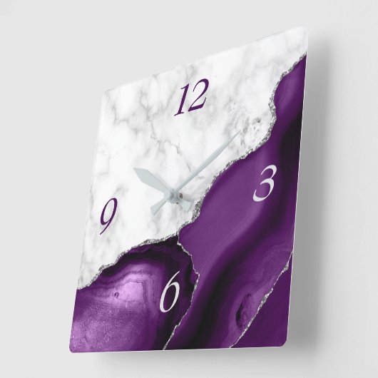 Elegant Paars Agate Silver Glitter Marble Vierkante Klok (Hoek)