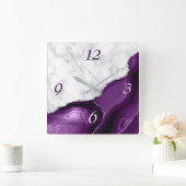 Elegant Paars Agate Silver Glitter Marble Vierkante Klok (Huis)