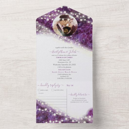 Elegant Paars Amethyst Crystal Geode Wedding All In One Uitnodiging (Binnen)