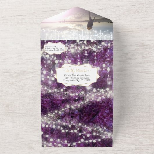 Elegant Paars Amethyst Crystal Geode Wedding All In One Uitnodiging (Buitenkant)