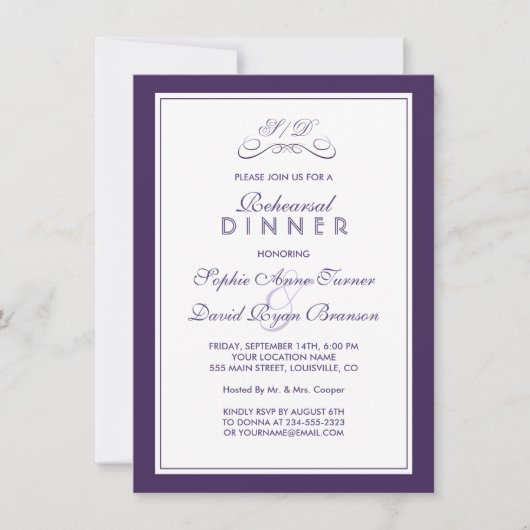 Elegant Paars and White Border REHEARSAL DINNER I Kaart (Voorkant)