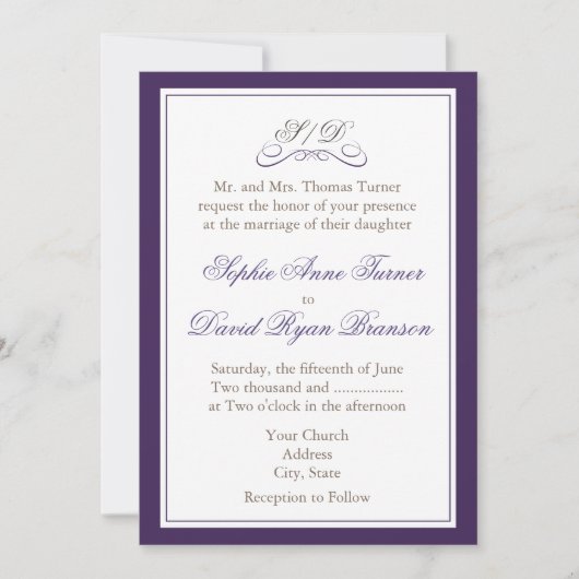 Elegant Paars and White Border Wedding Invite Kaart (Voorkant)