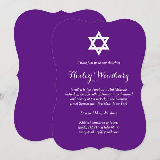Elegant Paars Bat Mitzvah Uitnodiging (Voorkant / Achterkant)