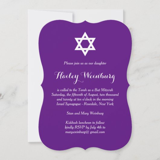 Elegant Paars Bat Mitzvah Uitnodiging (Voorkant)