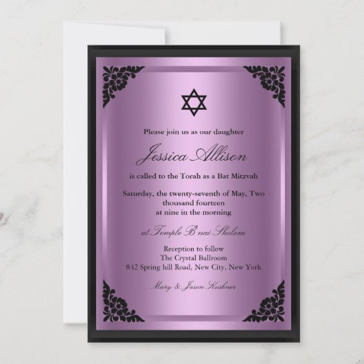 Elegant Paars & Black Bat Mitzvah Uitnodiging (Voorkant)