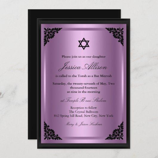 Elegant Paars & Black Bat Mitzvah Uitnodiging (Voorkant / Achterkant)