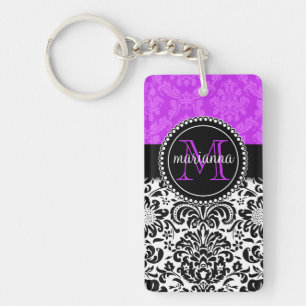 Elegant Paars Black Damask gepersonaliseerd Sleutelhanger