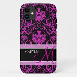 Elegant Paars & Black Damask met monogram Case-Mate iPhone Case
