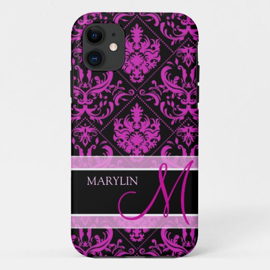Elegant Paars & Black Damask met monogram Case-Mate iPhone Case (Achterkant)