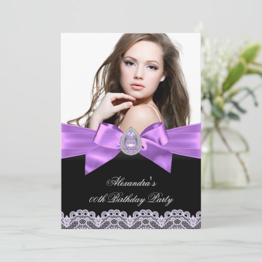 Elegant Paars Black Jewel Foto Birthday Party Kaart (Staand voorkant)