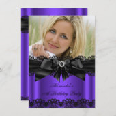 Elegant Paars Black Lace Diamond Bow Birthday Kaart (Voorkant / Achterkant)