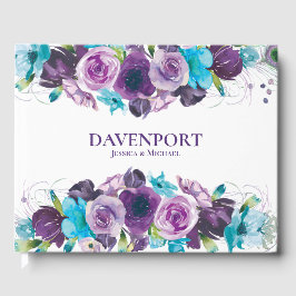 Elegant Paars Blauw Aquarel Bloemachtig Huwelijk Gastenboek