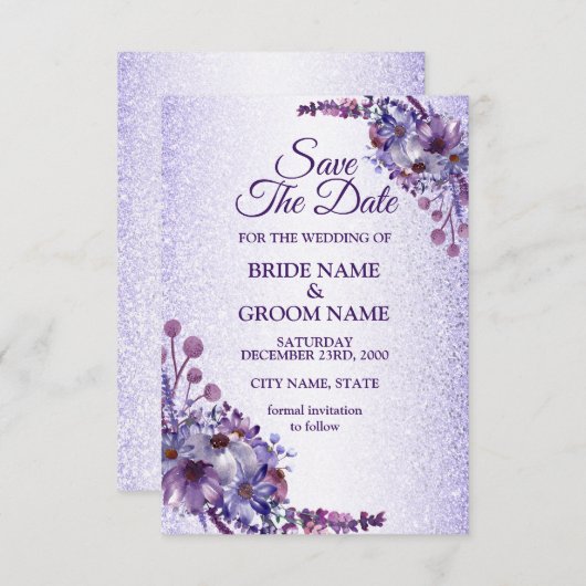 Elegant Paars Blauw Roze Floral Glitter Wedding Save The Date (Voorkant / Achterkant)