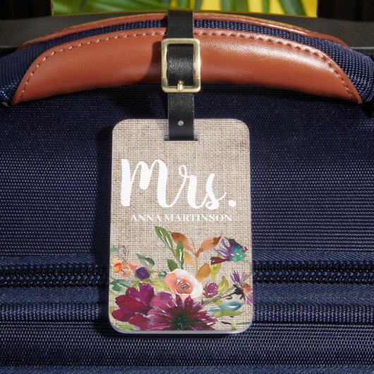 Elegant Paars Bloemendessin met Initialen Rustieke Bagagelabel (Voorkant Insitu 2)
