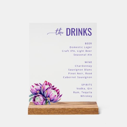 Elegant Paars Bloemendranken Menu Acryl Bord (Voorkant)