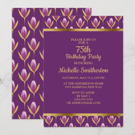 Elegant Paars Bloemmotief Gouden 75ste Verjaardags Kaart (Voorkant / Achterkant)