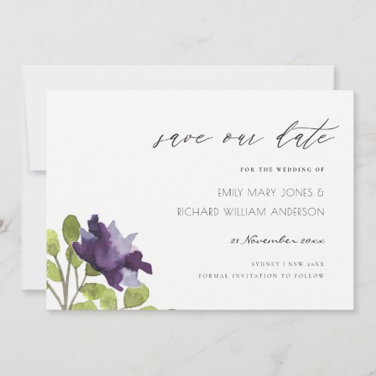 Elegant Paars Blue Floral Waterverf Roos Flower Save The Date (Voorkant)