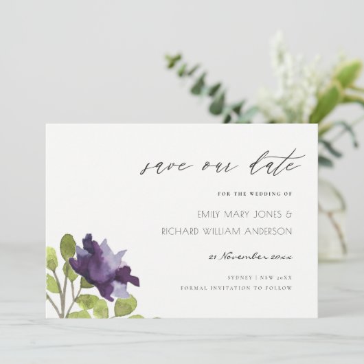 Elegant Paars Blue Floral Waterverf Roos Flower Save The Date (Staand voorkant)