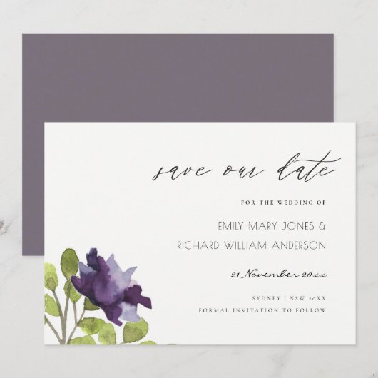 Elegant Paars Blue Floral Waterverf Roos Flower Save The Date (Voorkant / Achterkant)