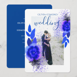 Elegant Paars Blue Flowers Lijst Foto Weddenschap Kaart