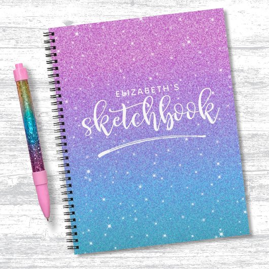 Elegant Paars Blue Glitter Ombre Sketchbook Notitieboek
