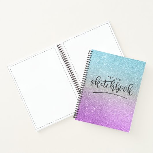 Elegant Paars Blue Glitter Ombre Sketchbook Notitieboek (Binnen)
