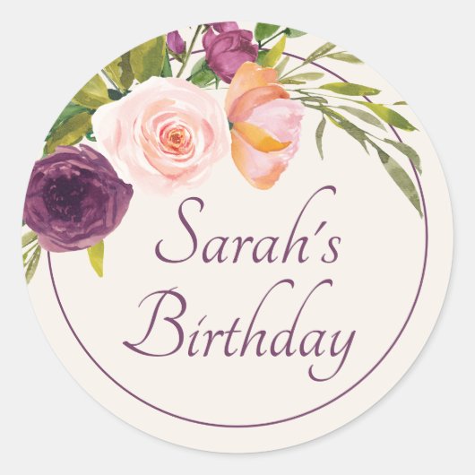 Elegant Paars Blush Pink Floral Birthday Ronde Sticker (Voorkant)