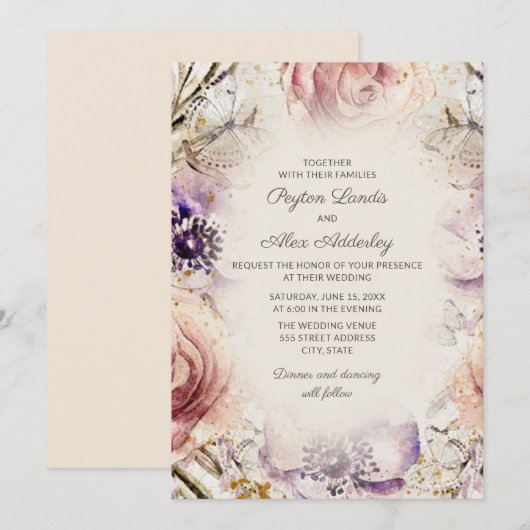 Elegant  Paars Blush Pink Floral Wedding Kaart (Voorkant / Achterkant)